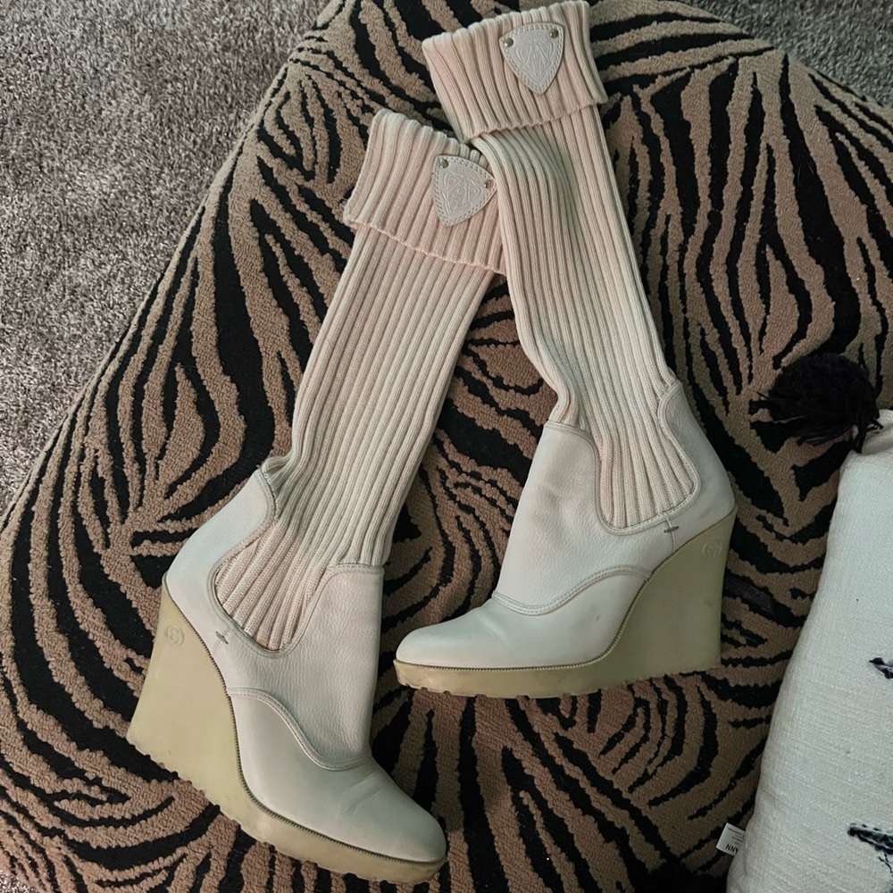 Gucci high heel sweater boots white